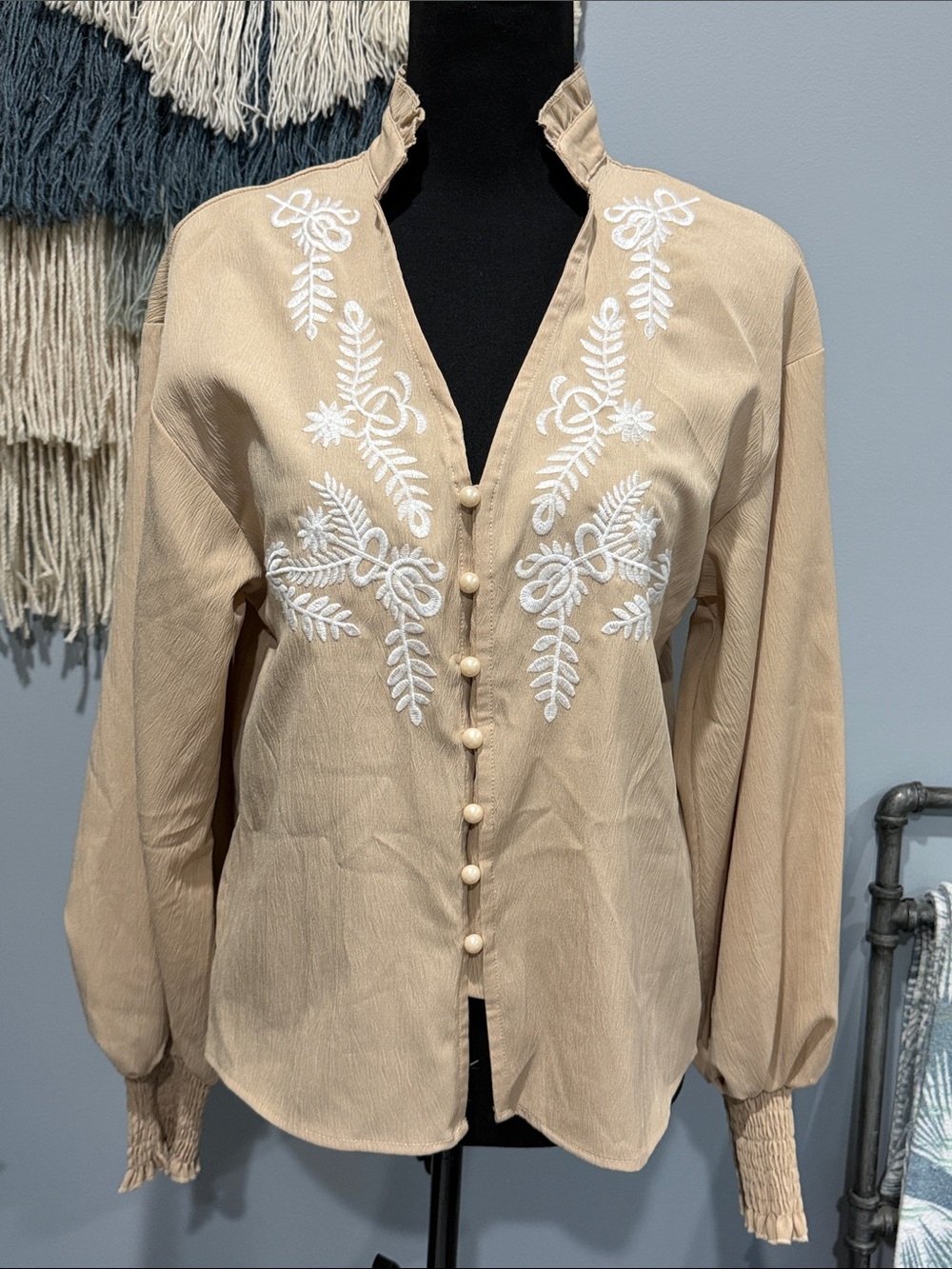Last Days! Boho Embroidered Peasant Blouse Neutral Balloon Sleeve Top S
